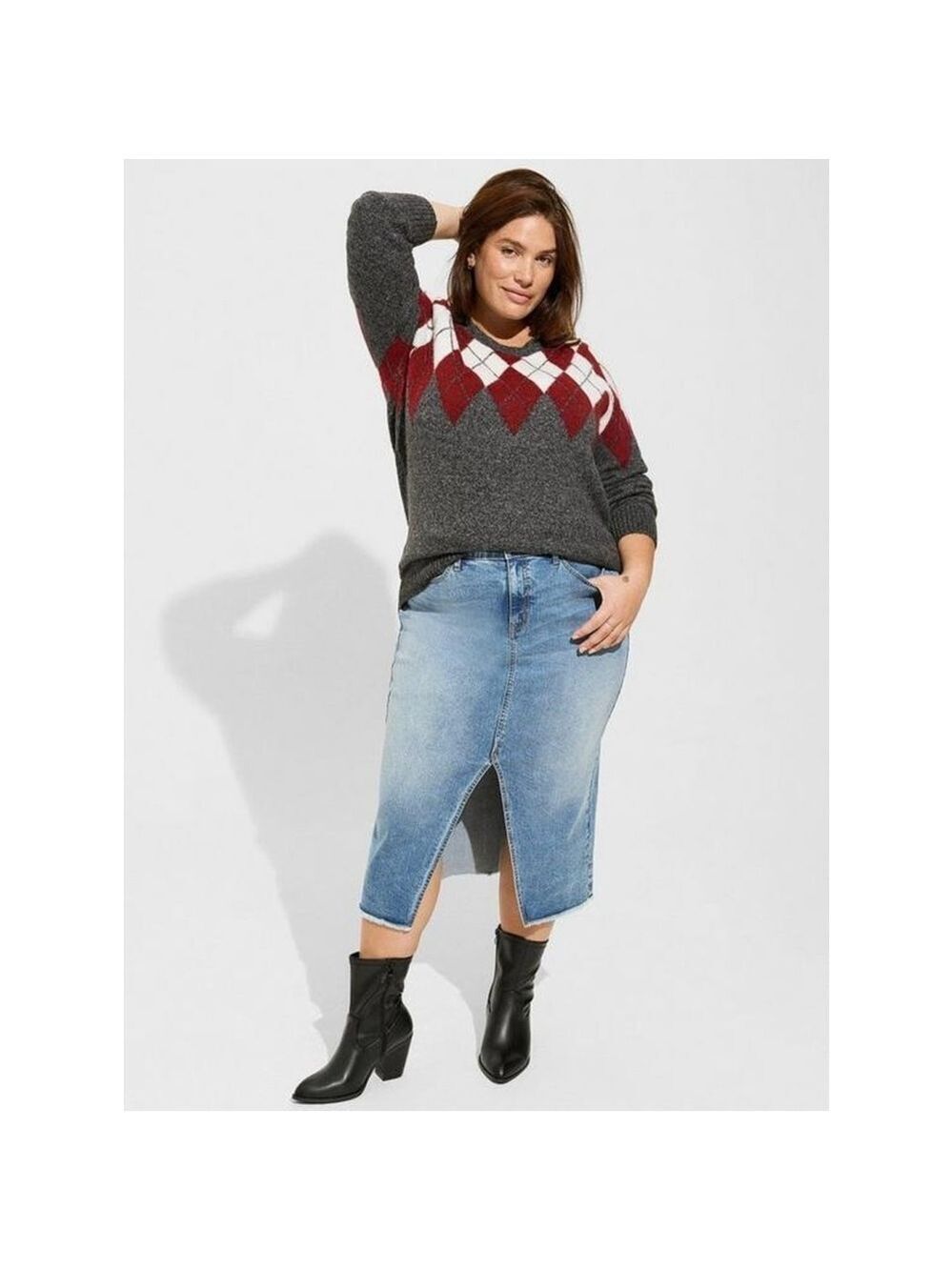 Torrid Vegan Cashmere Crew Neck Sweater Argyle Sz 2 (2X/18-20) in Charcoal Grey